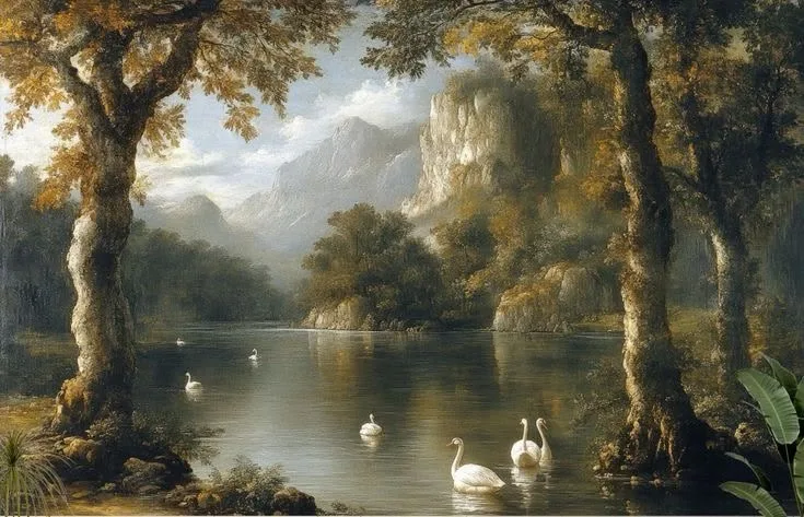 Fresque paysage lacustre imprimee sur un mur de salon